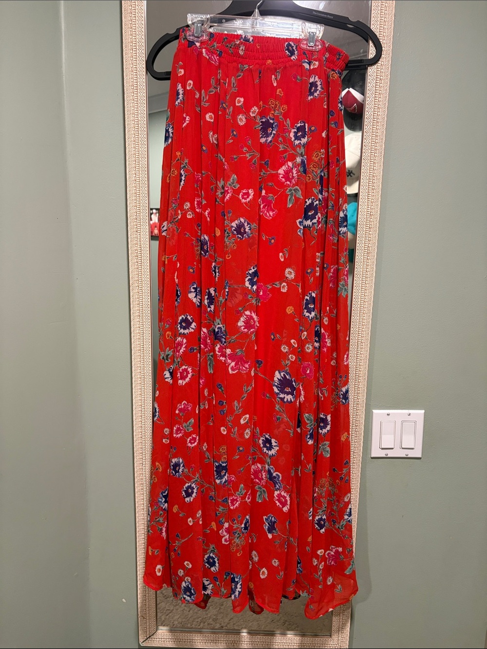 Red Floral Maxi Skirt - Lightweight Pleated Design